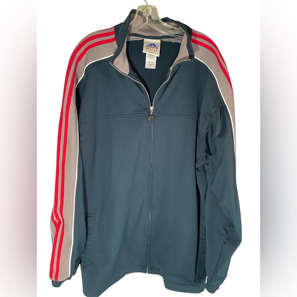 Men’s Vtg Adidas Track Jacket with Red and grey Stripes down sleeves size Large